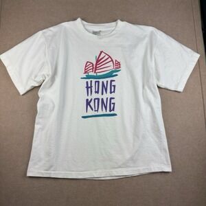 Vintage Hong Kong Shirt Men L‎ White Tourist Junk Boat Graphic Single Stitch Tee